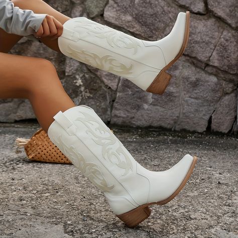 Faster shipping. Better service Black Cowgirl Boots, White Cowboy Boots, Low Heel Boots, White Shoes Women, Cowboy Boots Women, Boots Women Fashion, Styl Retro, Western Cowboy Boots, Girls Boots