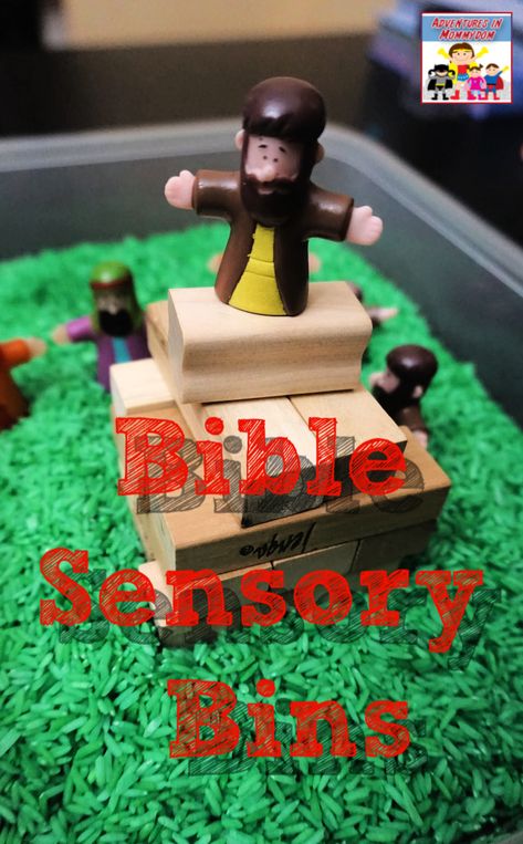 Bible Story Sensory Play, Bible Sensory Activities, Sunday School Sensory Bins, Bible Story Sensory Bins, Bible Sensory Bins, Toddler Bible Activities, Creation Sensory Bin, Busy Bins, Toddler Bible