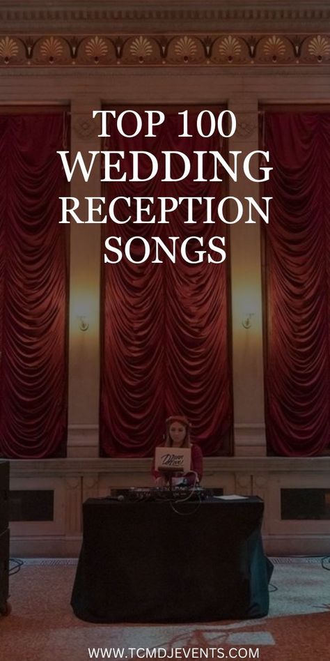 Picking out the right music for your wedding reception can be a daunting task.  That's why we compiled the perfect 100 wedding reception songs to help you through your process.  We also explain how you can place your non dancing wedding music in your wedding timeline.  Your special day should include all of the music you love played by a DJ who knows how and when to play your favorite songs.  #weddingreception, #cuteweddingideas, #weddingplaylist, #weddingsongs, #weddinginspiration Wedding Songs For Reception, Wedding Party Songs Dance Receptions, Best Dance Songs Wedding, Reception Songs Playlist Ideas, Wedding Reception Songs Playlists, Wedding Reception Music Playlist, Bachelorette Playlist, Reception Music Playlist, Wedding Day Playlist