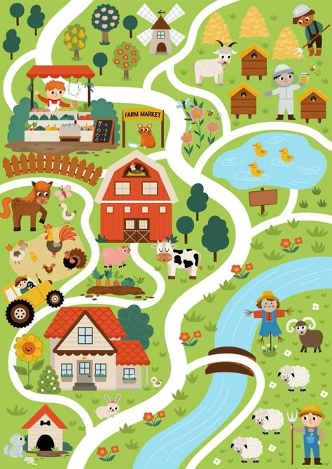 Children's Book Layout, Farm Cartoon, Life Background, Cartoon Garden, Smart Farm, Village Map, Farm Animal Crafts, Farm Village, Quiet Play