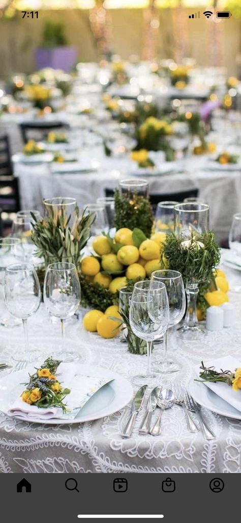 Lemon Centerpiece, Lemon Themed Party, Lemon Centerpieces, Inside Weddings, Wedding In Tuscany, Beautiful Tablescapes, Sound Music, Tuscan Wedding, Event Design Inspiration