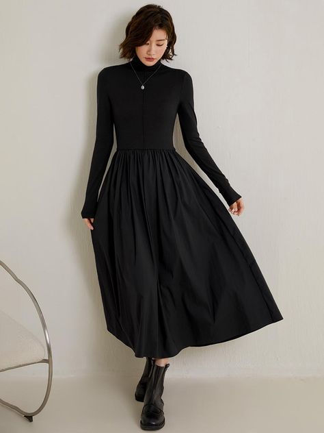 Turtleneck With Long Skirt, Turtleneck And Long Skirt Outfit, Long Skirt And Turtleneck Outfit, Professional Outfits Women Dress, Turtleneck Long Skirt, Turtleneck Dress Formal, Black Dress Classy Long Sleeve, Modest Goth Outfit, Turtleneck Dress Layering