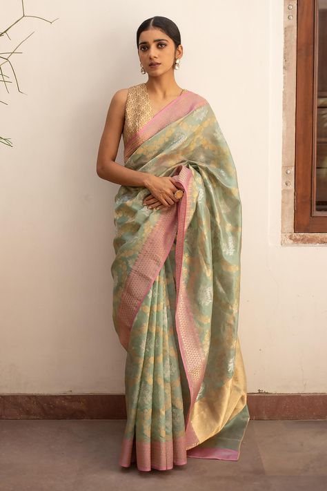 Shop for these amazing collections of Green Silk Chanderi Woven Geometric Rumi Saree With Running Blouse For Women by Priyanka Raajiv online at Aza Fashions. Green Saree Pink Border, Sage Green And Pink Outfit, Designer Green Pre-draped Saree With Meenakari, Designer Silk Pre-draped Saree With Meenakari, Designer Green Katan Silk Pre-draped Saree, Silk Saree Blouse Piece With Meenakari, Silk Blouse Piece With Meenakari For Saree, Pista Green Zari Weaving Blouse Piece For Designer Wear, Pista Green Silk Saree With Unstitched Blouse