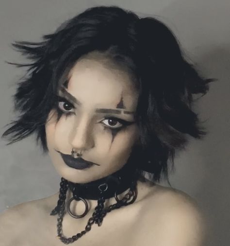 #clowncore #clowngirl #clownmakeup #emo #enby #goth #choker #septumpiercing #clown Goth Clowncore Outfit, Cool Emo Makeup, Emo Clown Outfit, Goth Clown Makeup Halloween, Goth Clowncore Fashion, Goth Clowncore Makeup, Grunge Clown Makeup, Punk Clown Makeup, Enby Goth