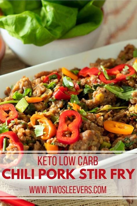 Easy, flavorful fantastic keto spicy ground pork stir fry recipe to please the whole family--in under 20 minutes. Ground pork, chilis, onions, & cilantro make a fantastic low carb pork stir fry. | Ground pork recipes| Recipes with ground pork| Easy ground pork recipe| Pork Stir Fry Recipe| Stir Fry pork| Keto Stir Fry" Low Carb Chinese| Keto Dinner ideas Stir Fry Recipes Pork, Ground Pork Recipes Easy, Ground Pork Stir Fry, Stir Fry Low Carb, Keto Chinese, Chili Pork, Keto Stir Fry, Pork Stir Fry Recipes, Keto Pork