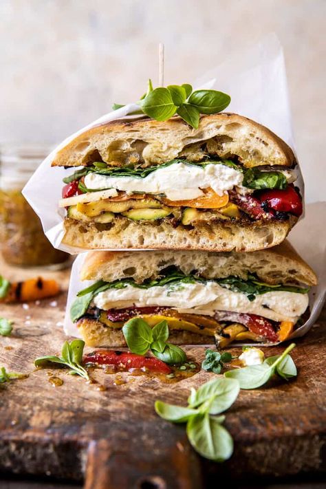 Grilled Vegetable Burrata Sandwich with Lemon Thyme Honey Mustard | halfbakedharvest.com Burrata Sandwich, Seafood Sandwich, Recept Sandwiches, Grilled Vegetable Sandwich, Thyme Honey, Half Baked Harvest Recipes, Summer Sandwiches, Lemon Thyme, Veggie Sandwich