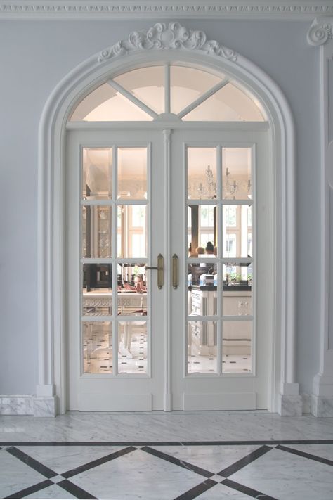 French Doors Front Of House, Upvc Doors Design, Arched French Doors Interior, Bedroom With French Doors, House Hall Design, Classic House Interior Design, Pastel Interior Design, House Front Door Design, Elegant Kitchen Design