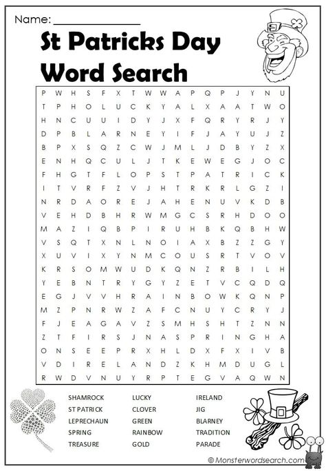 Check out this fun free ST Patricks Day Word Search, free for use at home or in school This is a printable ST Patricks Day Word Search pdf file, just click on the image to open the pdf, you can save it or print it. Words included in this fun file are: SHAMROCK ST PATRICK St Patrick’s Day Worksheets, March Word Search, St Patricks Day Worksheets, St Patricks Printables, St Patrick's Day Word Search, St Patricks Day Activities, St Patricks Activities, Sant Patrick, Ostern Diy