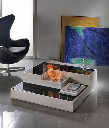 Mid Modern Living Room, Monochromatic Living Room, Design Camino, Tabletop Fireplaces, Ethanol Fireplace, Glass Fireplace, Mid Century Living Room, Contemporary Fireplace, Corner Fireplace