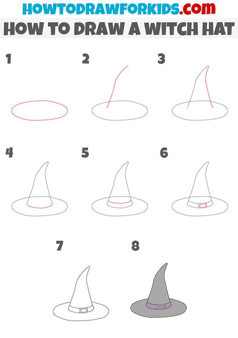 how to draw a witch hat step by step Witch Hat Drawing Tutorial, How To Draw Witches Hat, Drawing Witch Hat, Simple Witch Hat Drawing, Witch Hat Drawing Easy, How To Draw Witch Hats, Spooky Drawings Easy Step By Step, How To Draw A Witch Step By Step, How To Draw A Witch Hat