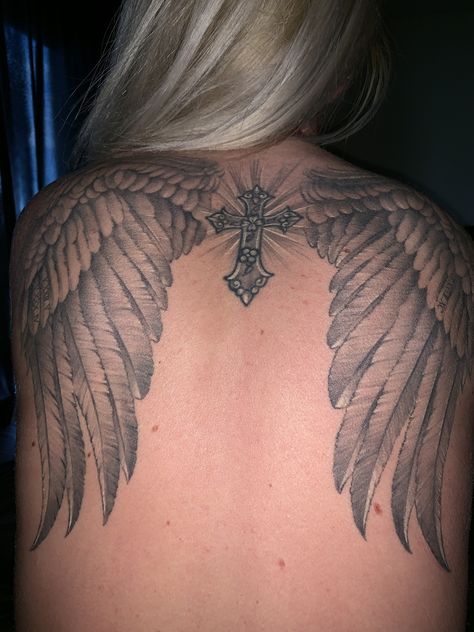 Angle Wing Tattoo For Women On Back, Angel Back Tattoos Women, Wing Ridden Angel Tattoo, Red Angel Wings Tattoo, Wing Back Tattoo Women, Angle Back Tattoo, Angel Wings On Back Tattoo, Tattoo Wings Back, Cross And Wings Tattoo