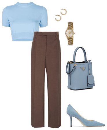 Powder Blue And Black Outfit, Sky Blue Heels Outfit, Dark Brown And Blue Outfit, Sky Blue And Brown Outfit, Brown Pants Blue Top, Blue And Brown Outfit Aesthetic, Sky Blue Color Combinations Clothes, Baby Blue Color Combinations Outfit, Baby Blue And Brown Outfit