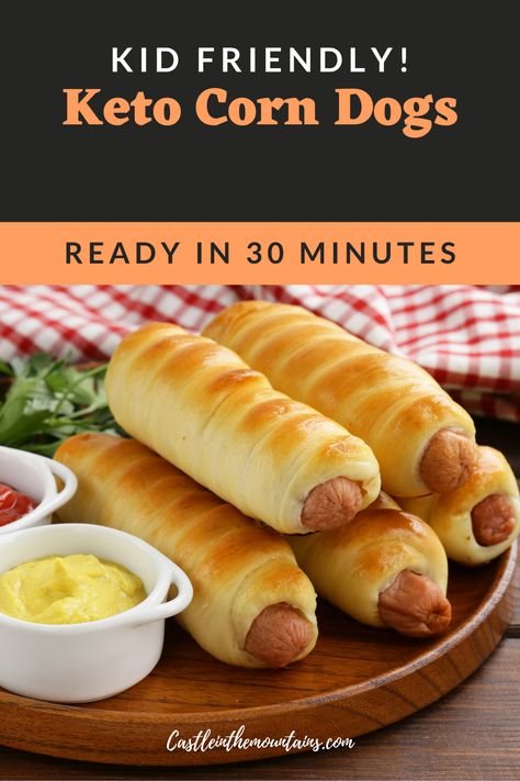 Keto Corn Dogs are fun to eat and easy to make. Busy Keto Mama's ( and Dad's) don't always have time to make a separate meal for the kids. On this site we try to keep Keto Simple so that it's easy to stick with. But we know that kids aren't always down for leftovers ( the easiest Keto Meal). So we developed this recipe with families in mind. Keep everyone happy without kicking yourself out of Ketosis. #ketocorndogs #easyketo #ketoforbusypeople via @https://www.pinterest.com/castleinthemountains/ Keto Hot Dog Recipes, Keto Dad Recipes, Keto Corn Dogs, Keto Simple, Crab Sticks, Corndog Recipe, Keto Sides, Low Carb Flour, Hot Dog Recipes