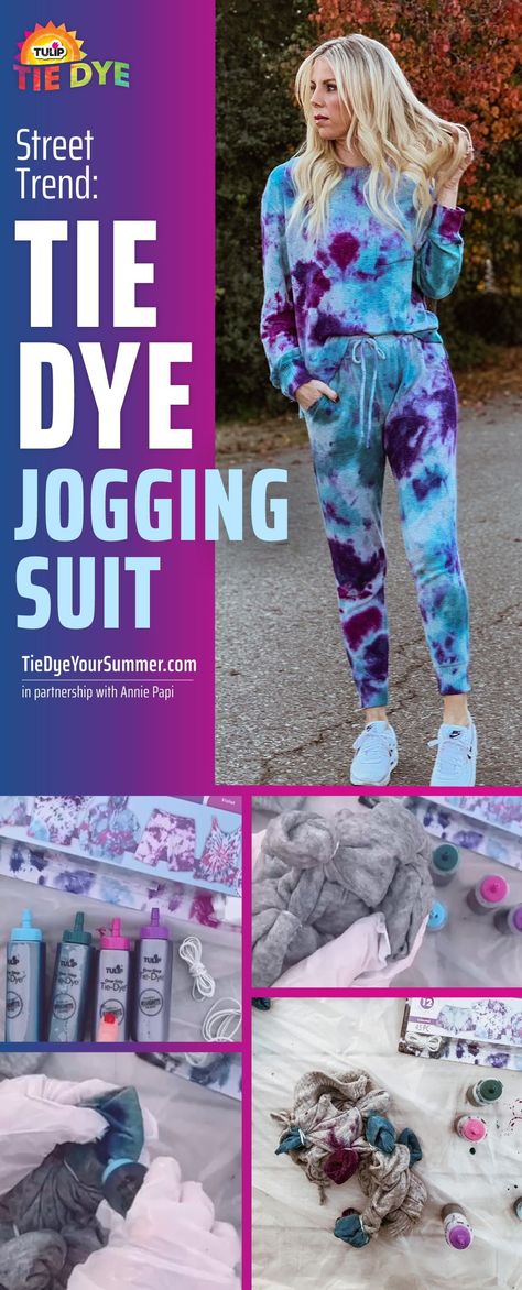 Word on the street is that tie dye is still the hottest fashion trend around! We don’t know about you, but one street trend we’re living for right now is the tie-dye jogging suit. #tiedye #tulipcolor #sweatsuit #joggingsuit Tie Dye Sweatshirt Patterns, How To Tie Dye Sweatpants, Tye Dye Pants Diy, How To Tie Dye Pants, Tie Dye Pants Diy How To, Tie Dye Pants Diy, Tie Dye Sweatpants Outfit, Custom Shirts Diy, Tie Dye Instructions