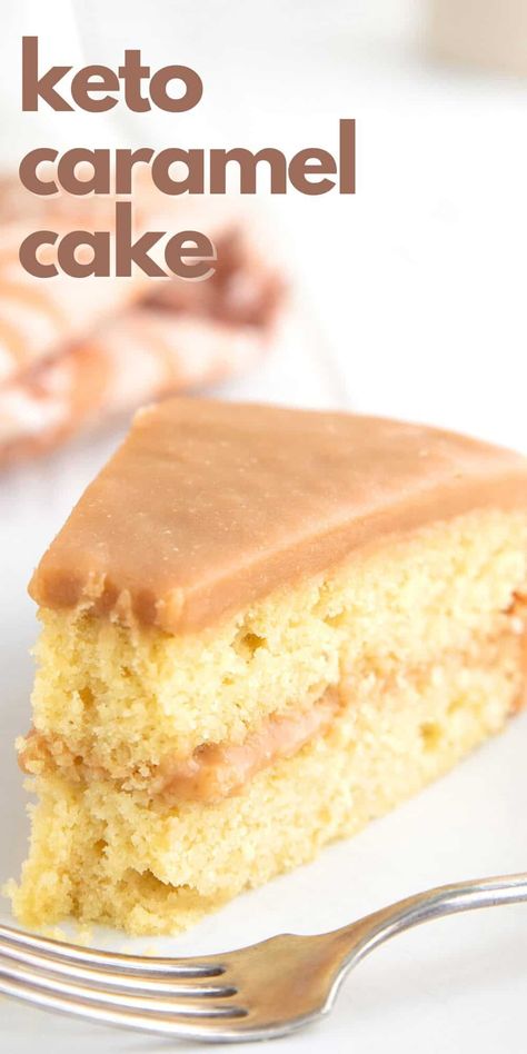 This rich and delicious keto caramel cake is possibly the best low carb dessert ever! Tender almond flour cake with a rich sugar-free caramel frosting. You won't believe your tastebuds. Blow your friends' minds that the keto diet can be THIS GOOD! #ketobaking #caramelcake #ketocake #caramelfrosting #sugarfree Almond Flour Vanilla Cake, Keto Brood, Keto Caramel, Caramel Cake Recipe, Caramel Glaze, Love At First Bite, Keto Cake, Low Carb Dessert, Keto Brownies