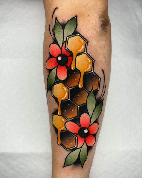 Honeycomb Tattoo Traditional, Honey Tattoo Traditional, Traditional Honeycomb Tattoo, Honeycomb Background Tattoo, Neotraditional Elbow Tattoo, Colorful Elbow Tattoo, Neo Traditional Color Tattoo, Neo Traditional Fruit Tattoo, Bold Color Tattoo