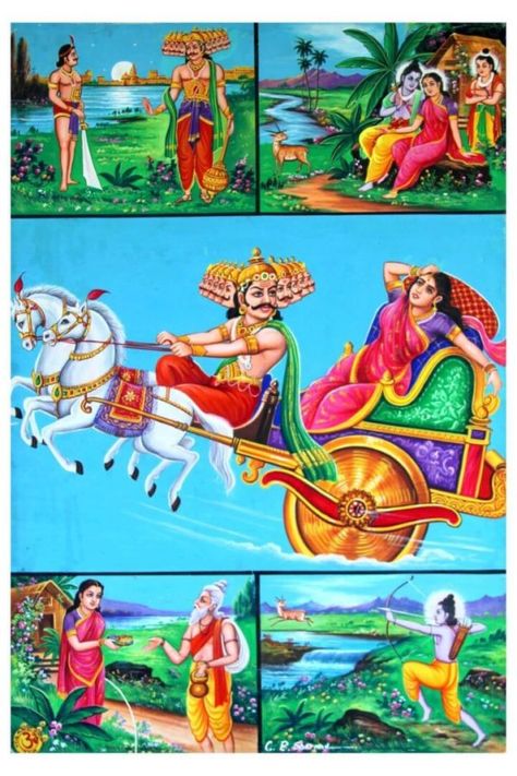 Sita Haran Drawings from Ramayan - Hindu Religious Mythology - Hand-Made Paintings available for Home during Occasions and Festivals Sita Haran Images, Sita Haran, Sita Images, Bapu Bommalu, Ramayana Story, Ram Katha, Eagle Cartoon, Diwali Crafts, Vishnu Ji