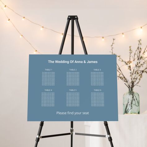 Blue Seating Chart, Elegant Navy Blue Wedding, Seating Plan Template, Alphabetical Seating Chart, Blue String Lights, Table Seating Chart, Seating Sign, String Lights Wedding, Elegant Calligraphy