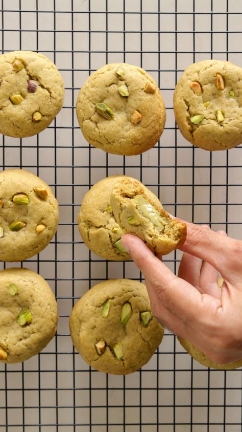 Pistachio Stuffed Cookies Recipe - The Cooking Foodie Pistachio Orange Cookies, Pistachio Meltaway Cookies, Softest Cookie Recipe, Almond Flour Pistachio Cookies, Pistachio Stuffed Cookies, Pistachio Filled Cookies, Pistachio Paste Cookies, Salted Honey Pistachio Cookies, Pistachio Butter Cookies