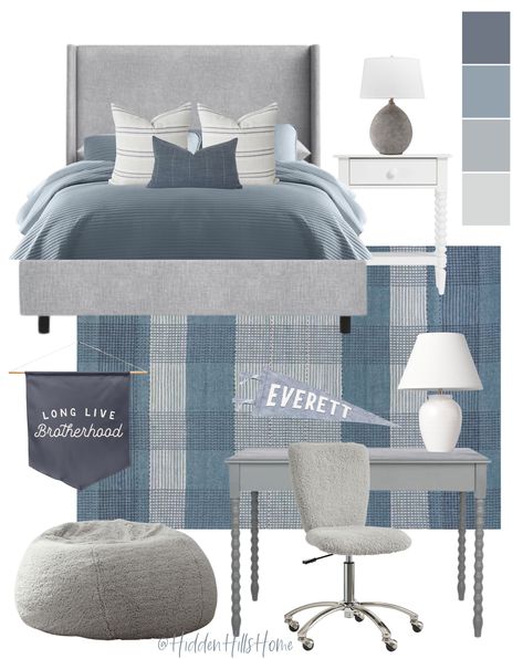 Shop Tilly Upholstered Bed and other curated products on LTK, the easiest way to shop everything from your favorite creators. Pre Teen Boys Room, Grey Headboard Bedroom, Tilly Upholstered Bed, Blue And Grey Bedding, Teen Boy Bedroom Decor, Decor Mood Board, Blue Boys Bedroom, Boys Room Blue