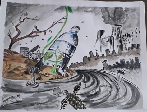 Plastic Free World Drawing, Environmental Pollution Drawing Sketch, Poster On Beat Plastic Pollution, Water And Air Pollution Drawing, Water Pollution Sketch, Stop Plastic Pollution Drawing, Air Pollution Drawing Competition, Polluted Water Drawing, Poster About Pollution