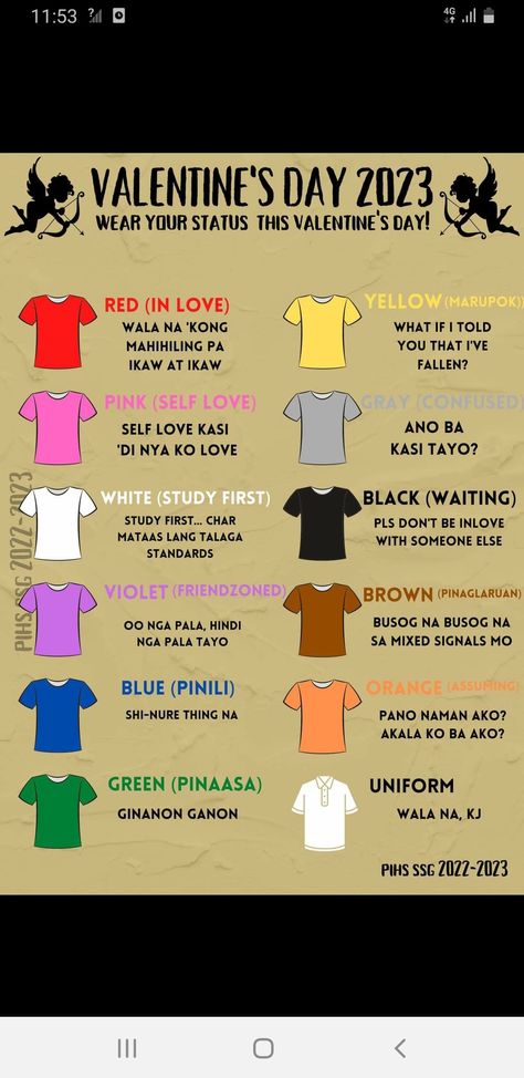 Para sa mga single and taken dyan Valentines Color Coding Shirt, Color Coding For Valentines Day, Valentine Poster, Coding Shirts, Nail Color Ideas, Valentine Coloring, Color Nails, Cute Jokes, Color Meanings