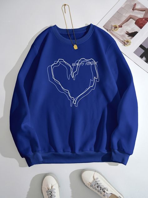 Outfits Azul, Royal Blue Sweatshirt, Heart Letter, Stylish Hoodies, Sweatshirts For Women, Fabric Heart, Women Sweatshirts, Azul Real, Letter Print Sweatshirt