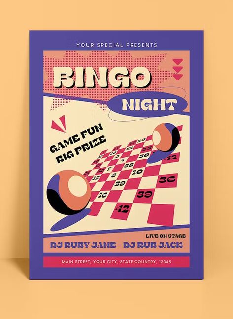 Bingo Night Flyer Template AI, EPS, PSD Bingo Night Flyer, Game Night Graphic Design, Bingo Poster Design, Bingo Graphic Design, Bingo Invitations, Cute Flyers, Bingo Aesthetic, Game Night Poster, Bingo Poster