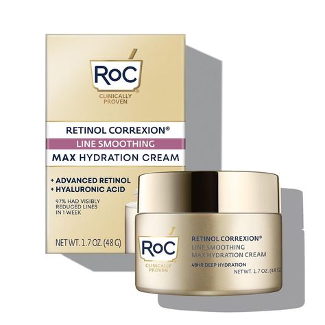 RoC Retinol Correxion Max Daily Hydration Anti-Aging Daily Face Moisturizer with Hyaluronic Acid, Oil Free Skin Care Cream for Fine Lines, Dark Spots, Post-Acne Scars, 1.7 oz (Packaging May Vary) Roc Retinol Correxion, Roc Retinol, Retinol Moisturizer, Anti Wrinkle Treatments, Anti Aging Face, Anti Wrinkle Cream, Skin Care Cream, Best Moisturizer, Hydrating Cream