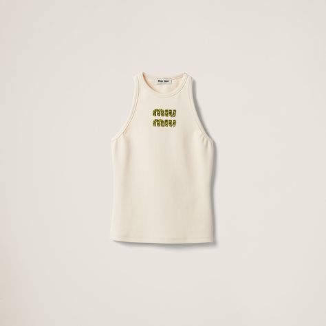 Beige+fern Green Ribbed Jersey Top With Embroidered Logo | Miu Miu Fern Green, Jersey Top, Cotton Fleece, Cami Tanks, Fern, Miu Miu, Online Boutique, Top Shirt, Ready To Wear