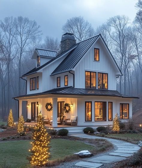 Cute Home Exterior Small Houses, Winter Farmhouse Exterior, Gray House Exterior Black Trim, Story And A Half House Exterior, All Black Farmhouse, Black Roof House Colors, Barndo Colors, White And Black House Exterior, Farmhouse Siding