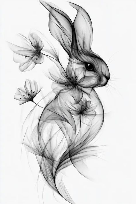 Tattoo idea: tattoo sketch whimsical rabbit with flowers in garden White Rabbit Tattoo Ideas, Bunny Sketch Tattoo, Simple Rabbit Tattoo, Bunny Tattoo Design, Drawings Of Bunnies, Black Rabbit Tattoo, Bunny Tattoo Ideas, Tattoo Rabbit, Owl Painting Acrylic