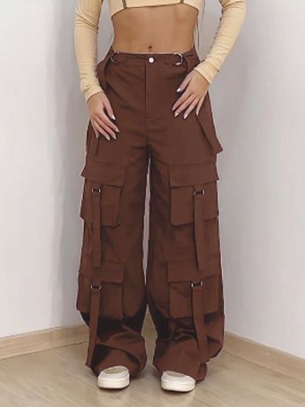 Coffee Brown Casual Collar  Woven Fabric Plain Cargo Pants Embellished Non-Stretch  Women Clothing Cargo Pants Outfit Casual For Women, Trousers With Pockets, Cargos Street Style, Best Cargo Pants Women, Cool Cargo Pants, Brown Cargo Pants Outfit, Twistout Hairstyles, Cargo Pants Women Outfit, Cargo Pants Brown