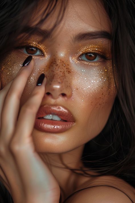 Silver Gold Makeup Look, Golden Halloween Makeup, Leo Rising Makeup Looks, Shine Makeup Look, Golden Fairy Makeup, Gilded Glamour Makeup, Shimmer Photoshoot, Leo Rising Makeup, Golden Makeup Look Glam