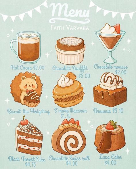 Faith Varvara, Menu Illustration, 귀여운 음식 그림, Food Artwork, Food Illustration Art, Cute Food Drawings, Cute Food Art, Buku Skrap, Lava Cakes