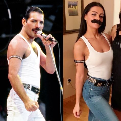 Female Freddie Mercury Costume, Freddie Mercury Costumes, Iconic People Halloween Costumes, Celeb Costumes Ideas, Freddy Mercury Halloween Costumes, Iconic Celebrity Moments, Freddy Mercury Costume Women, Pop Culture Costumes 2023, Celebrities On Halloween