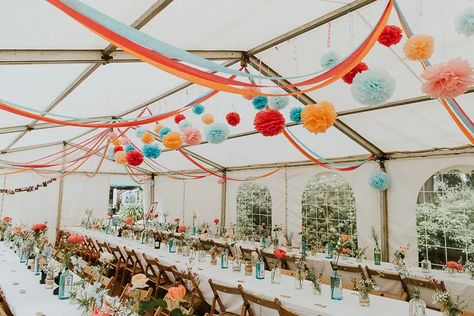 Streamers Wedding Decorations, Festival Marquee Decoration, Colourful Wedding Marquee Decoration, Bright Coloured Wedding Decor, Colourful Marquee Wedding, Diy Marquee Decorations, Wedding Marquee Decoration, Pom Pom Wedding, Streamers Wedding