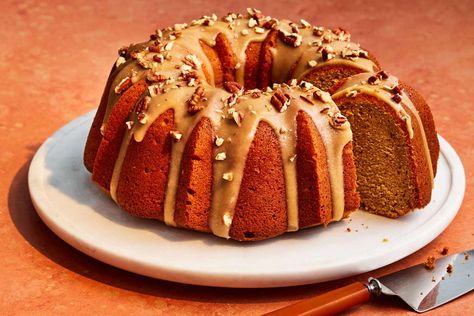 Easy Fall Bundt Cake Recipes, Sweet Potato Bundt Cake Recipe, Sweet Potato Bundt Cake, Star Desserts, Salted Caramel Glaze, Fall Ingredients, Sweet Potato Pound Cake, Vanilla Pound Cake, Bundt Pans