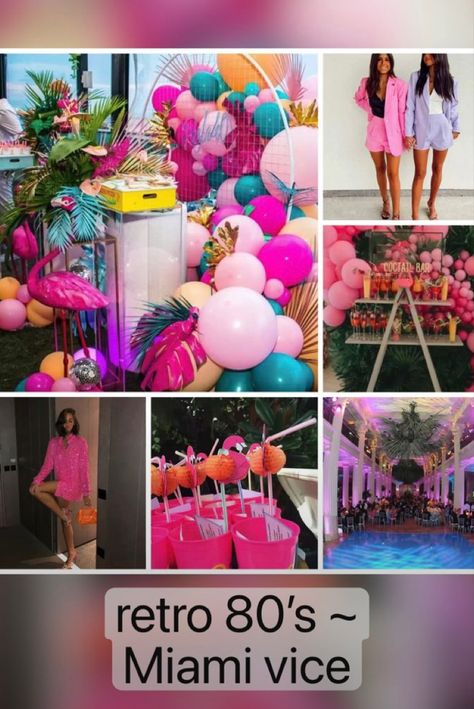 Bachelorette party theme idea retro 80s miami vice themed party flamingos neon #bachelorette #bachelorettepartyideas #hendo #engagement #party #partythemes #miami #retro #80s Bachelorette Party 80's Theme, Miami Costume Party, Miami Vice 80s Theme Party, Bachelorette 80s Theme, Miami Theme Party Table Decorations, 80s Hen Party, Neon Hens Party, Miami Vice Prom Theme, Miami Vice Party Food