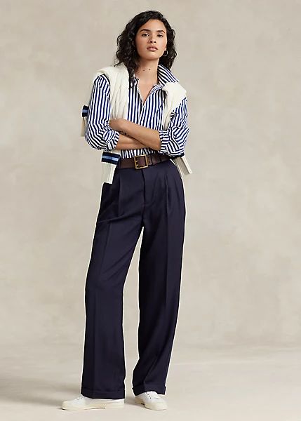 Wool Wide-Leg Tuxedo Pant Navy Blue Pinstripe Pants Outfit, Wide Pants Outfit Women, Navy Blue Trousers Outfit Women Classy, Navy Blue Pants Outfit Women, Ralph Lauren Style Classy, Navy Trousers Outfit Women, Navy Pants Outfit Work, Navy Outfits For Women, Navy Blue Trousers Outfit