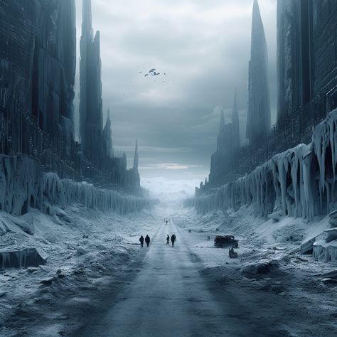 Cold Landscape Aesthetic, The Ice Court, Ice City Aesthetic, Frostpunk Aesthetic, Ice Kingdom Fantasy Art, Frozen City, Ice City, Desert Snow, Ice Aesthetic