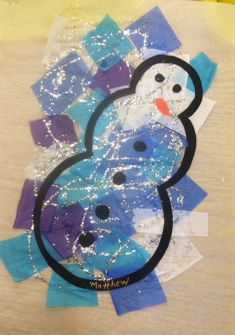 You use parchment paper crumple up tissue paper cut out the outline of the snowman in black paper use a little bit of silver glitter you put the eyes nose and buttons on and you've got a beautiful suncatcher snowman! Tissue Paper Snowman, Snowman Suncatcher Craft, Snowflake Suncatcher Craft For Kids, Snowman Suncatcher, January Preschool Crafts, Snowman Crafts Preschool, Winter Theme Preschool, Snow Crafts, Winter Crafts Preschool