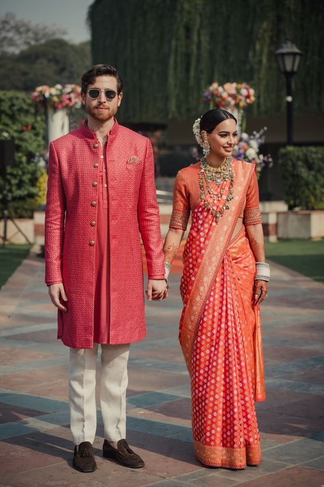 Arushi Mehra and Miguel Villaquiran’s wedding was a riot of colours | Vogue India Red Saree Wedding, Reception Saree, Couple Wedding Dress, Indian Bridal Dress, Indian Bridal Fashion, Vogue India, Indian Bridal Outfits, Indian Wedding Outfits, Traditional Attire