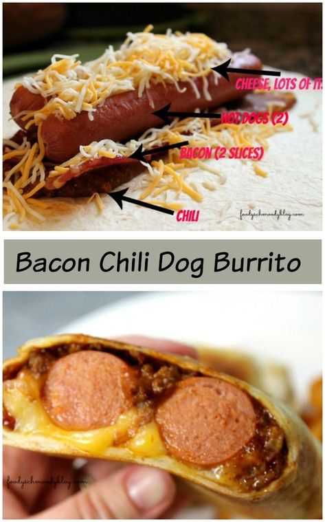 Hot Dog Burrito, Dog Burrito, Bacon Chili, Hot Dogs Recipes, Chili Dog, Chili Cheese Dogs, Hot Dog Chili, Burger Dogs, Beef Hot Dogs