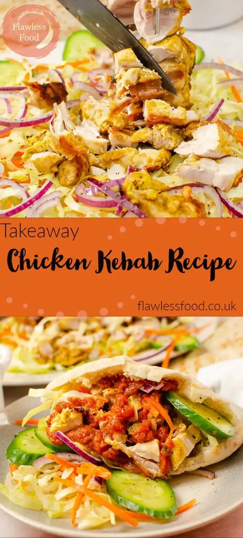 Make your own Turkish style Takeaway Chicken Kebab Recipe for the best homemade dinner. Succulent marinade grilled chicken thighs cooked on skewers served with salad and pitta bread. Easy to make and delicious, try them out today for the perfect fakeaway meat dish! Try this out with our spicy kebab shop chilli sauce for extra flavour! #chicken #kebab #takeaway #turkish #dinner #recipe