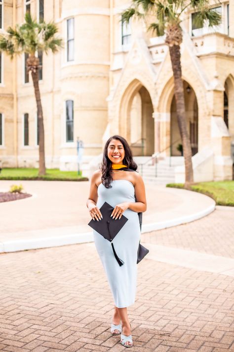 Long Dress Graduation Outfit, Masters Graduation Dress Ideas, Grad Photoshoot Masters, Graduation Dress Masters, Finance Major Graduation Pictures, Masters Hood Graduation Pictures, Master’s Graduation Photoshoot, Graduate School Graduation Outfit, Master’s Graduation Pictures