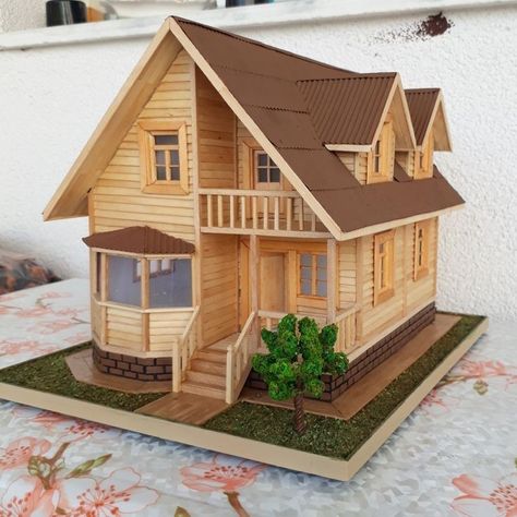 Miniature Popsicle House, Miniature Houses Diy Popsicle Sticks, Diy Popsicle Stick House, Popsicle Stick Houses Diy, Popsicle Sticks House, Popsicle Stick House, How To Carve Wood, Popsicle House, Diy Craft Hacks