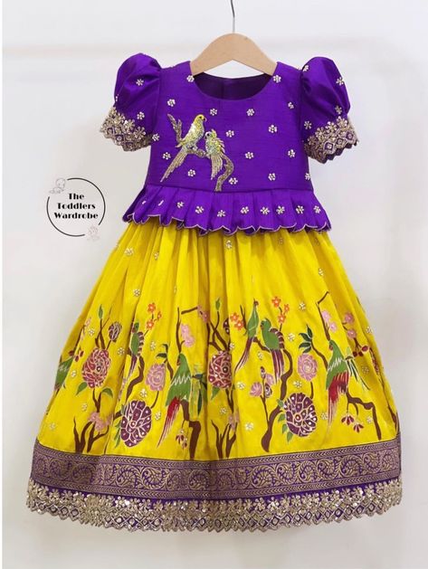 Langa Jacket For Kids Pattu, Langa Designs, Traditional Baby Dresses, Langa Blouse, Pattu Langa, Kids Dress Collection, Kids Blouse Designs, Kids Lehenga, Kids Blouse