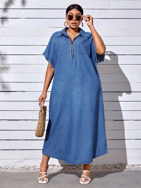 Dark Wash Casual Collar Half Sleeve Denim Plain Tunic Embellished Non-Stretch  Women Plus Clothing Jean Gown Styles For Ladies, Jean Gown Styles, Jean Gown, Denim Dress Plus Size, Jeans Gown, Jeans Dresses For Women, Jeans Dress Outfit, Materials Gown Style, Vestiti In Jeans