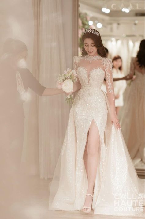 Long sleeve mermaid with neck pieace and long train overskirt Gaun Ruffle, Elegant Long Sleeve Wedding Dresses, Wedding Dresses Whimsical, Simple Wedding Gowns, Bride Dress Simple, Classy Wedding Dress, Stylish Wedding Dresses, Fancy Wedding Dresses, فستان سهرة